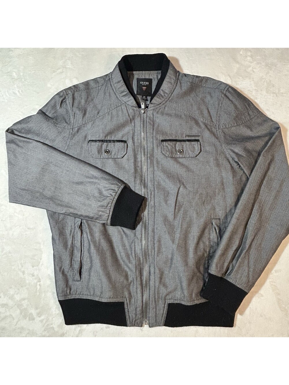 Guess Mens Bomber Jacket Full Zip Gray Herringbone Cotton Size XL